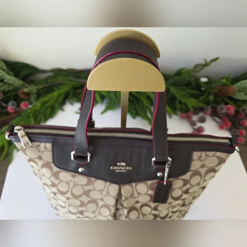 Coach Signature Pleat Tote - Khaki/Tan Canvas With Brown Leather & Pink Accents - Picture 5 of 16